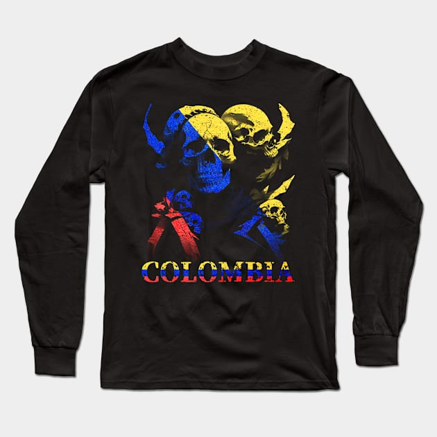 Skull Colombian Flag | Patria Colombiana | Colombia Long Sleeve T-Shirt by Ryo Li